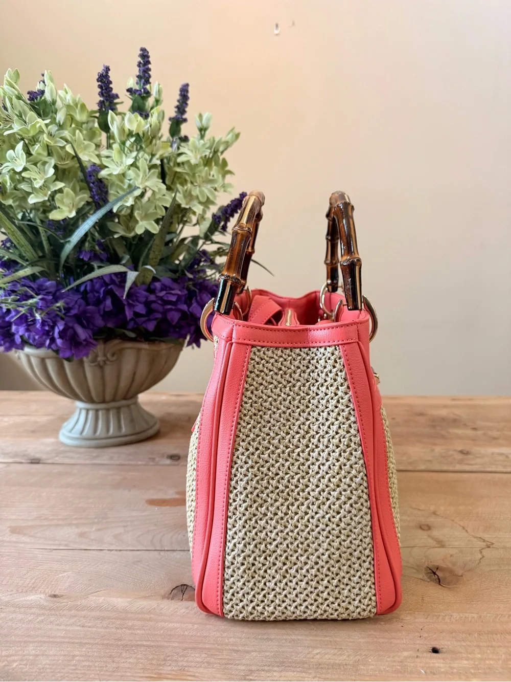 Spartina 449 Coral Woven Bamboo Handle Tote & Matching Wallet Set EUC